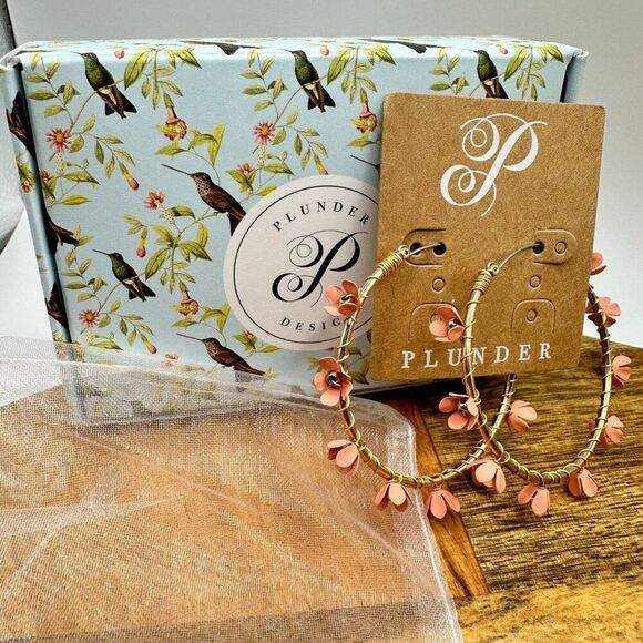 Plunder Ivette Gold Pink Flower Hoop Earrings Boho Cottage Core Granny Demure - Picture 1 of 5